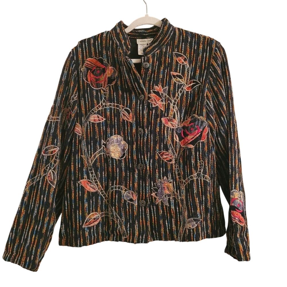 Vtg Floral Embroidered Cardigan Velvet Jacket Multicolored Textured Whimsigoth